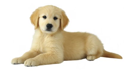 Golden retriever puppy lying down, fluffy fur, adorable expression, young dog, isolated on transparency background, friendly and calm, perfect for pet lovers and animal themes