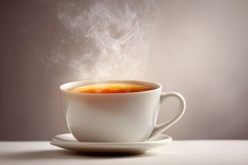 Hot steaming cup of tea in white porcelain on saucer with warm soft background