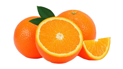 Fresh orange fruit with green leaves, one whole, one half, and juicy slice, isolated on transparency background, vibrant color, healthy and refreshing citrus