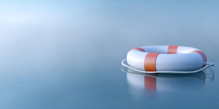 White and orange lifebuoy floating on calm blue water with soft reflection and empty space for text