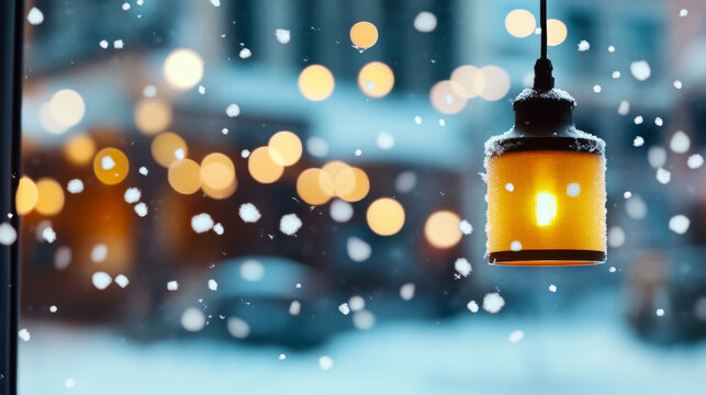 Cozy winter cafe ambiance with warm window glow and snowy atmosphere for seasonal decor or greeting cards