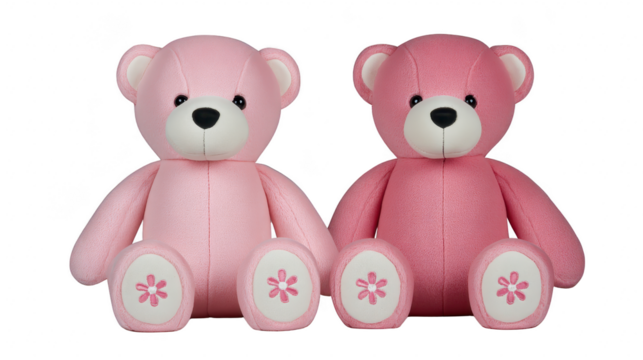 Pink teddy bear plush toy soft fabric cute stuffed animal sitting position flower embroidery children gift nursery decor adorable pair of bears. Two pink teddy bears with flower embroidery paws - Powered by Adobe