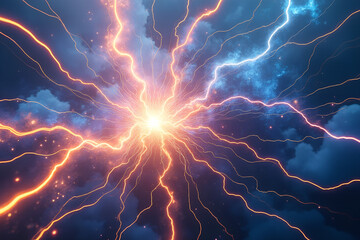Explosion of bright orange and blue lightning energy in the dark