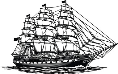 Detailed Black and White Vector Illustration of Large Historical Sailing Ship, Tall Ship, or Galleon with Full Sails on Ocean Waves