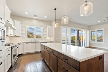 Elegant Kitchen With Bright Lighting, Modern Culinary Space With Impressive Lighting And Outdoor Views
