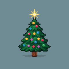 Decorated Christmas tree pixel art with a shining star on top. Vector illustration