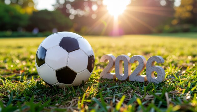 Excitement builds as 2026 approaches with soccer ball and sunshine on vibrant green grass, symbolizing the upcoming tournament and global sportsmanship