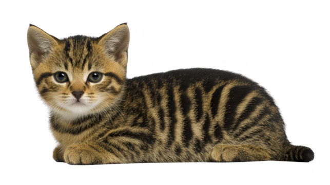 Tabby kitten with brown fur and black stripes lying down, looking curious and relaxed, isolated on transparency background, adorable pet animal, domestic cat