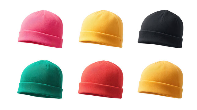 Colorful beanie hat collection featuring pink yellow black green red and orange knit hats isolated on transparency background cozy winter fashion accessory casual and stylish