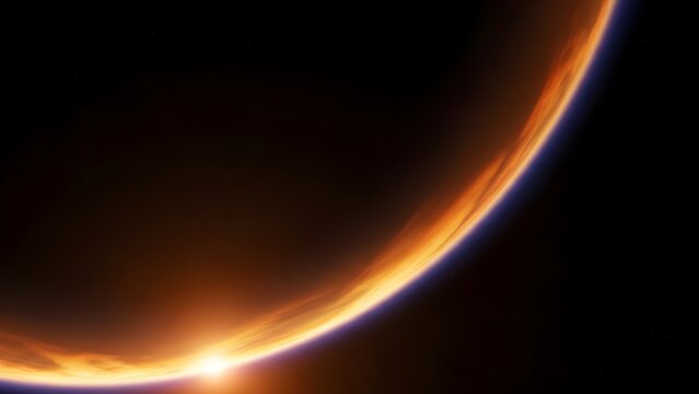 A dramatic solar flare and light overlay on the edge of a distant planet against the blackness of deep space