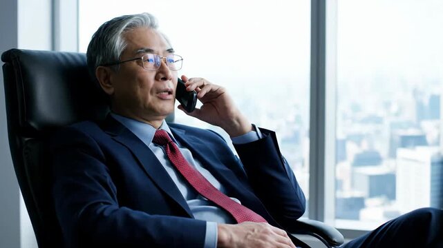 Business executive speaking on phone while seated in comfortable chair. Modern office setting with city skyline backdrop. Concept of corporate communication, leadership, business consulting