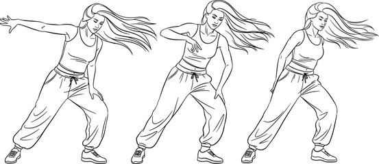 Energetic young woman performing dynamic hip hop dance moves in sequence, stylish illustration of choreography motion, expressive fitness activity artwork
