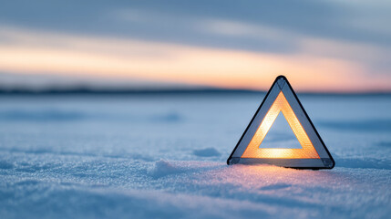 Illuminated emergency warning triangle placed on snowy ground during dusk with blurred horizon and soft colorful sky
