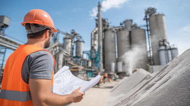 Engineer with blueprint observing industrial factory site