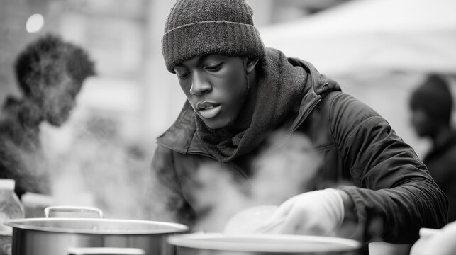 clouse up Boxing Day charity soup kitchen, volunteers serving hot meals, warm steam and realism, 
