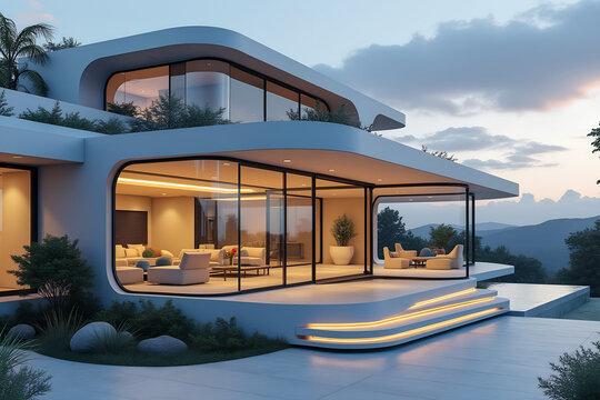 Modern futuristic luxury home with curved architecture and large glass windows