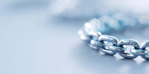 Close-up of a silver metal chain with water droplets on a smooth reflective surface with soft focus background