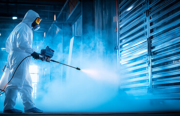 Worker in hazmat suit disinfecting industrial facility