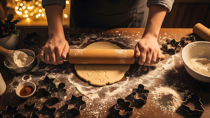 Hands rolling dough on wooden table with Christmas cookies, spices and festive baking ingredients