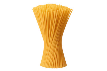 Uncooked spaghetti pasta standing upright, bundled and twisted, ready for cooking, representing italian cuisine and food preparation