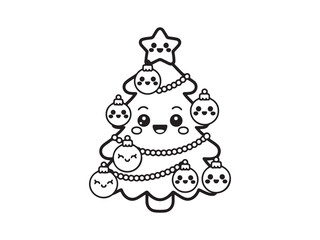 Cute Kawaii Christmas Tree Coloring Page – Adorable Black and White Holiday Illustration