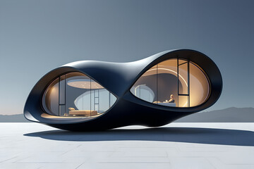 Futuristic organic shaped modern house with large windows in a minimalist landscape