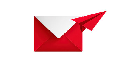 Red envelope with white flap and red paper airplane symbolizing fast mail delivery, communication, and modern correspondence, isolated on transparency background