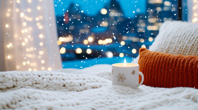 Cozy winter bedroom with candle and frosted window view for relaxation and comfort - Powered by Adobe