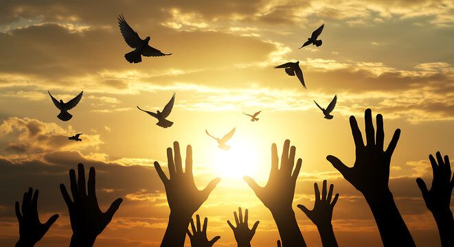 Hands reaching for flying birds with a bright golden sky background - Powered by Adobe