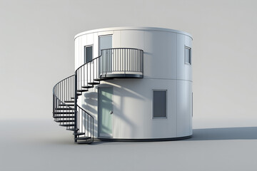 Modern cylindrical building with external spiral staircase and windows