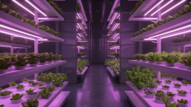 Indoor vertical farm with rows of lettuce plants growing under purple LED lights on multiple shelves