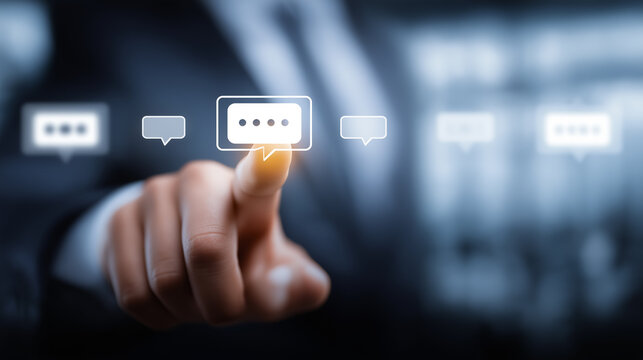 Businessman pressing digital chat icon on virtual interface