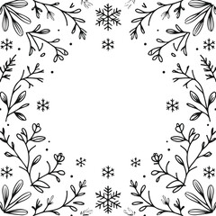 Fototapeta premium Minimal black line art background with gentle New Year motifs—delicate winter flowers, frost leaves, and snowflake accents forming a clean seamless pattern, soft minimalist design, white background, v