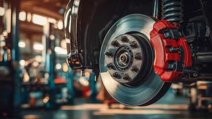 Close-up of car disc brake system in auto repair shop