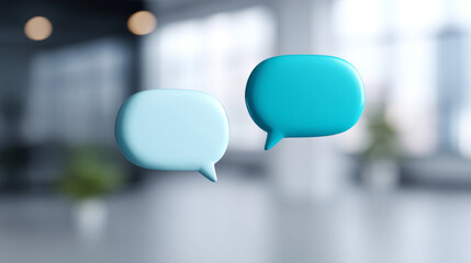 Two floating 3D speech bubbles in blue tones representing communication and conversation in a blurred modern background
