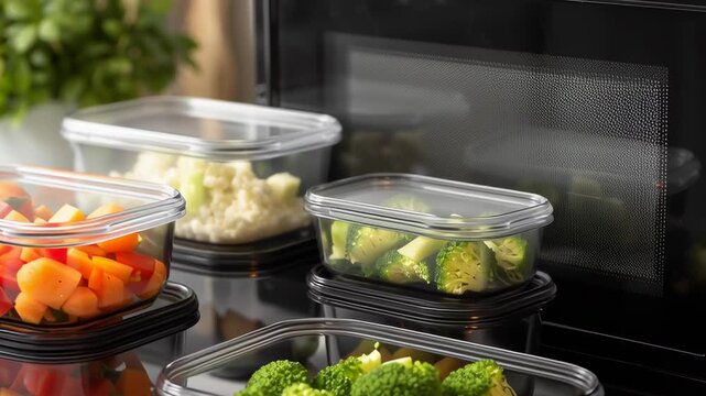 A row of plastic containers with vegetables in them, including broccoli and carrots. The containers are stacked on top of each other, with the top container being the largest
