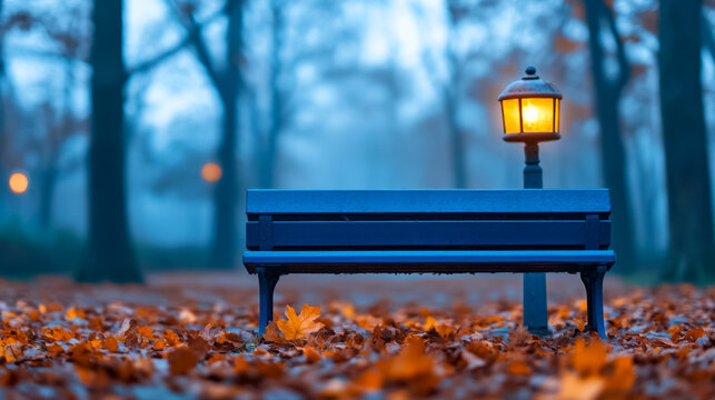 Serene autumn evening with vintage lamp light and empty park bench