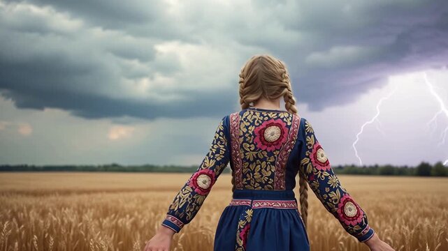 A young girl in a national costume in a wheat field