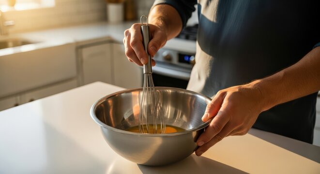 Man whisking eggs in stainless steel bowl in modern kitchen.
