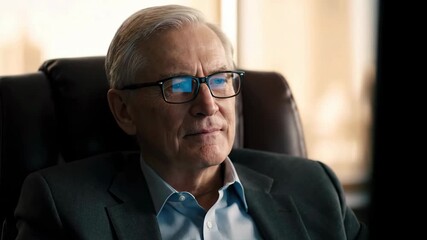 Senior man in a suit sits in an office chair, looking thoughtful while gazing out over city skyline. Professional atmosphere with natural light. Concept of business, leadership, decision-making - Powered by Adobe