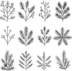 unique minimal black line art designs inspired by January winter themes winter florals, tiny berries, pine needles, snowflake-inspired botanical shapes, frost leaves, and cozy seasonal elements 2 © MdRubel
