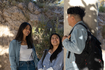 Group of diverse college students relaxing and enjoying a conversation outdoors during a sunny day...