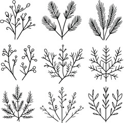 unique minimal black line art designs inspired by January winter themes winter florals, tiny berries, pine needles, snowflake-inspired botanical shapes, frost leaves, and cozy seasonal elements © MdRubel