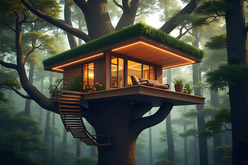 Magical illuminated treehouse nestled in a misty enchanted forest