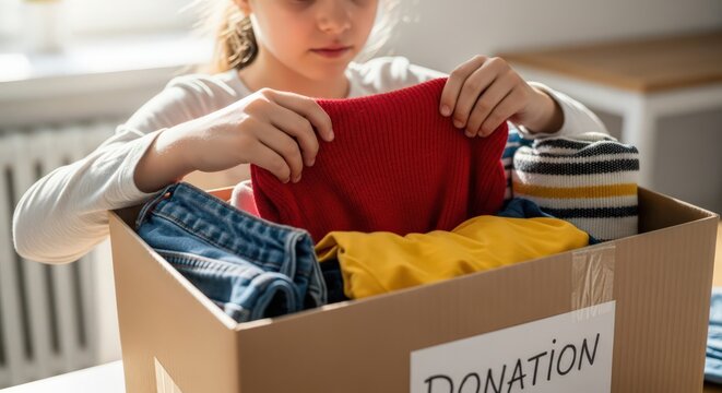 Young girl sorting clothes into a donation box at home - Powered by Adobe