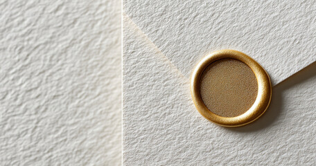 Close-up of textured white envelope sealed with a round golden wax seal on a matching textured surface