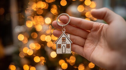 Dreaming of homeownership with house keychain, a future of comfort and security on a festive background, new beginnings and joyous celebrations