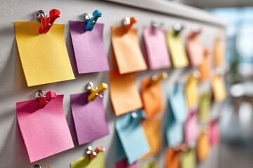 Wall display of colorful sticky notes attached with clips holds many important reminders