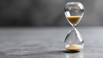 Close-up of a transparent hourglass with golden sand flowing through the narrow center on a gray surface with blurred background