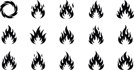 Vector Collection of Black Fire Flames and Heat Icons, Stylized Graphic Elements Representing Energy, Danger, Burning, and Hotness